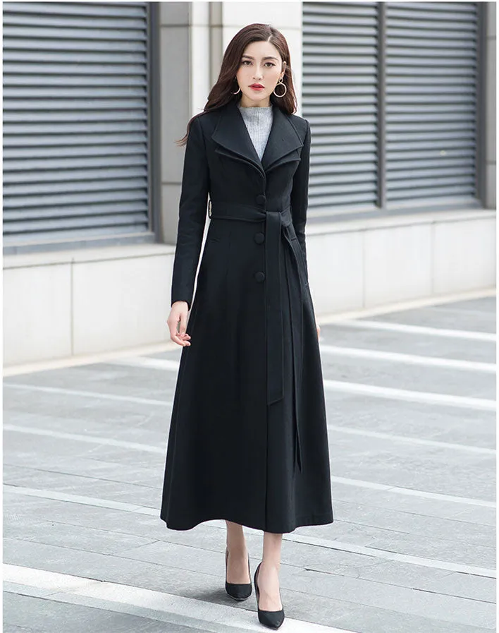 Black Solid Fit and Flare Wool Coat 2961