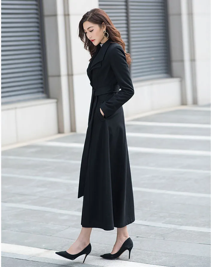 Black Solid Fit and Flare Wool Coat 2961