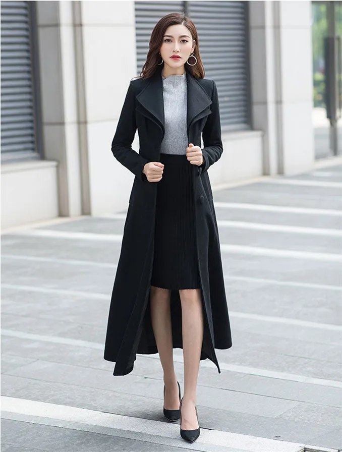 Black Solid Fit and Flare Wool Coat 2961