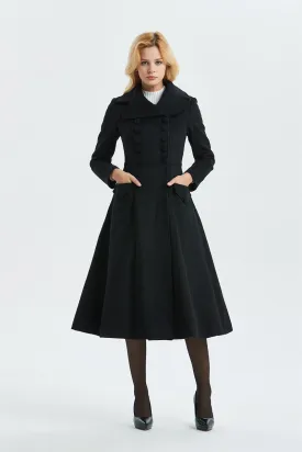 black wool coat, midi length coat for winter-women coat, vintage dress coat made in wool, custom elegant & plus size coat  C1302