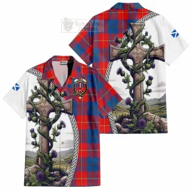 Blane Tartan Short Sleeve Button Shirt with Family Crest and St. Andrew's Cross Accented by Thistle Vines