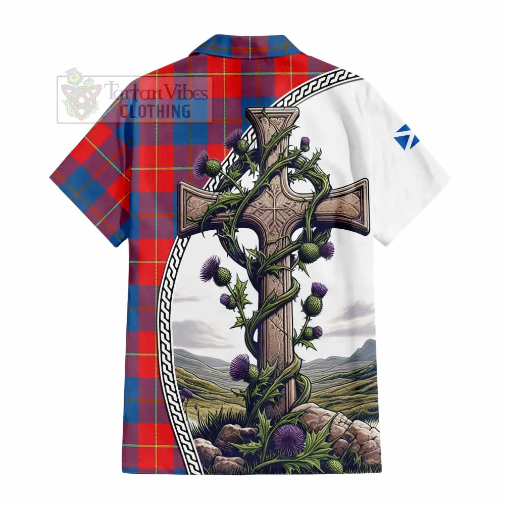 Blane Tartan Short Sleeve Button Shirt with Family Crest and St. Andrew's Cross Accented by Thistle Vines