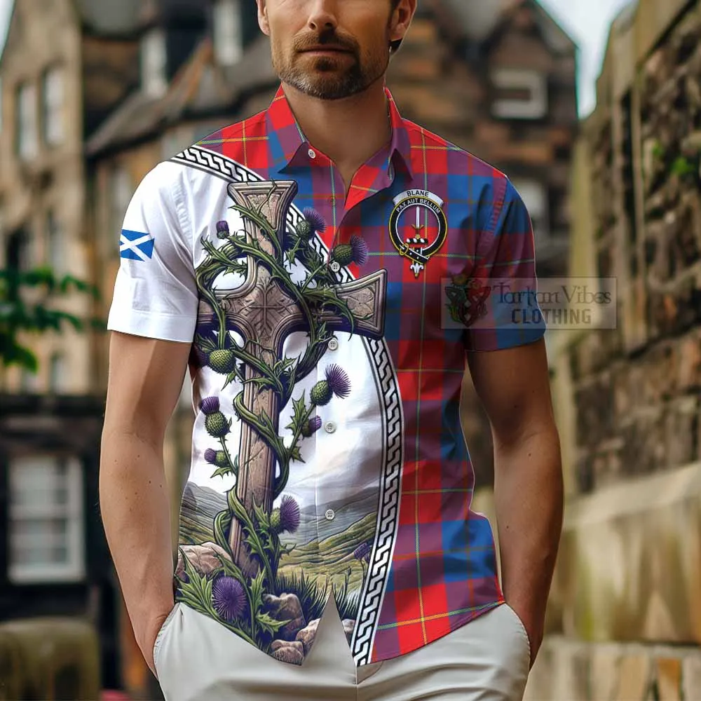 Blane Tartan Short Sleeve Button Shirt with Family Crest and St. Andrew's Cross Accented by Thistle Vines