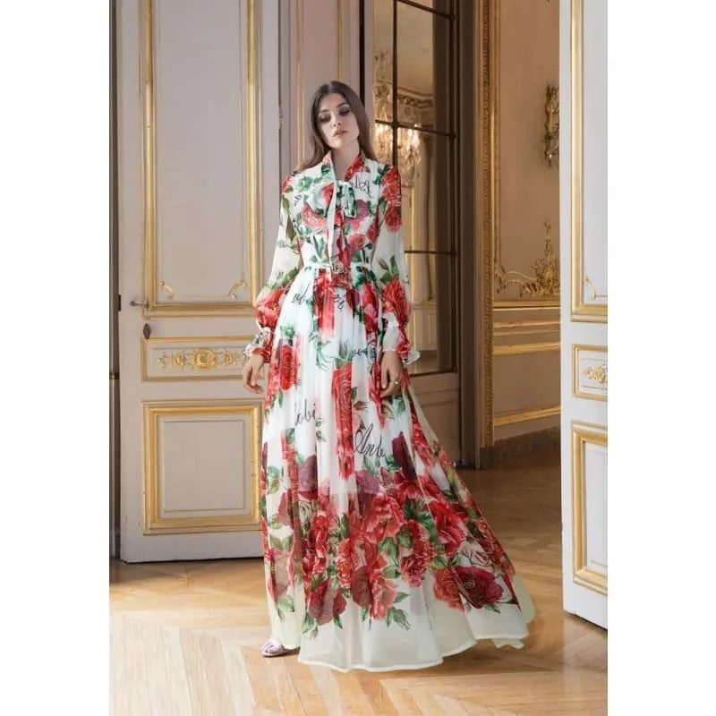 Boho Maxi Dress Women's Elegant Dress Bow Collar Floor-Length Maxi Dress