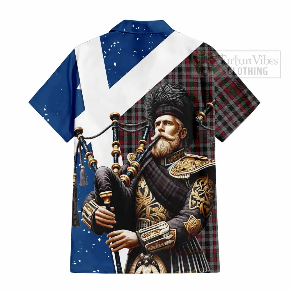 Borthwick Tartan Short Sleeve Button Shirt with Family Crest Scottish Bagpiper Vibes