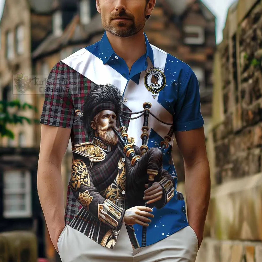 Borthwick Tartan Short Sleeve Button Shirt with Family Crest Scottish Bagpiper Vibes