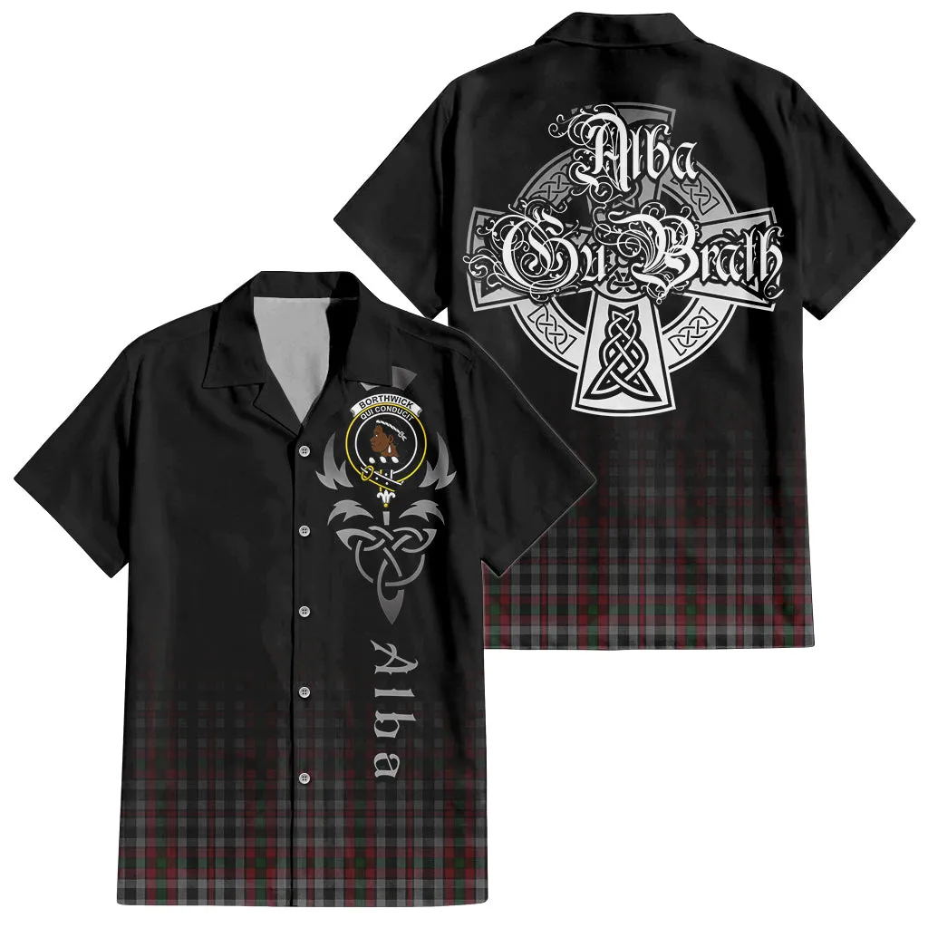 Borthwick Tartan Short Sleeve Button Up Shirt Featuring Alba Gu Brath Family Crest Celtic Inspired