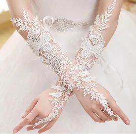 Bridal Gloves, French Lace Gloves, Floral Rhinestone Bridal Gloves, Long Design Fingerless Gloves, Wedding Gloves, Wedding Accessory, TYP0569