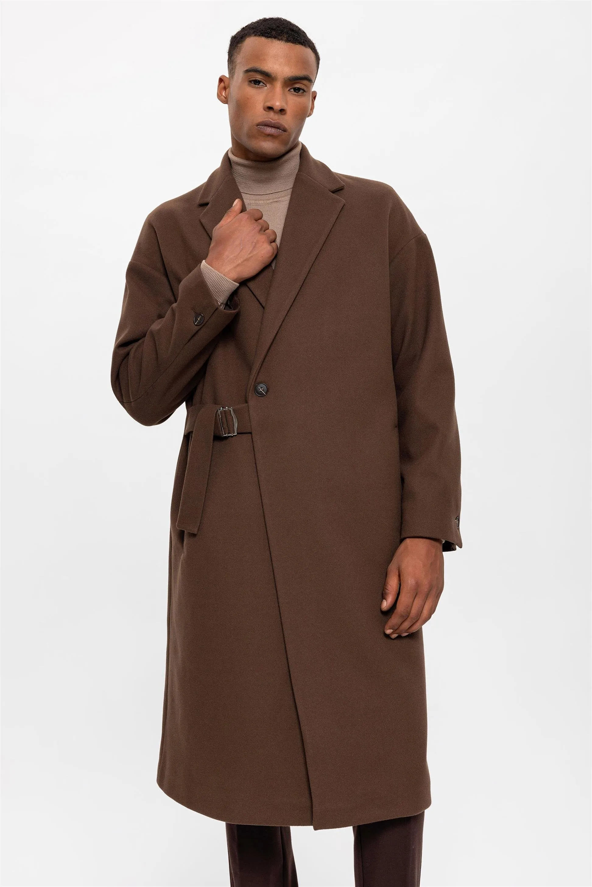 Brown Belted Oversize Men's Coat - Wessi