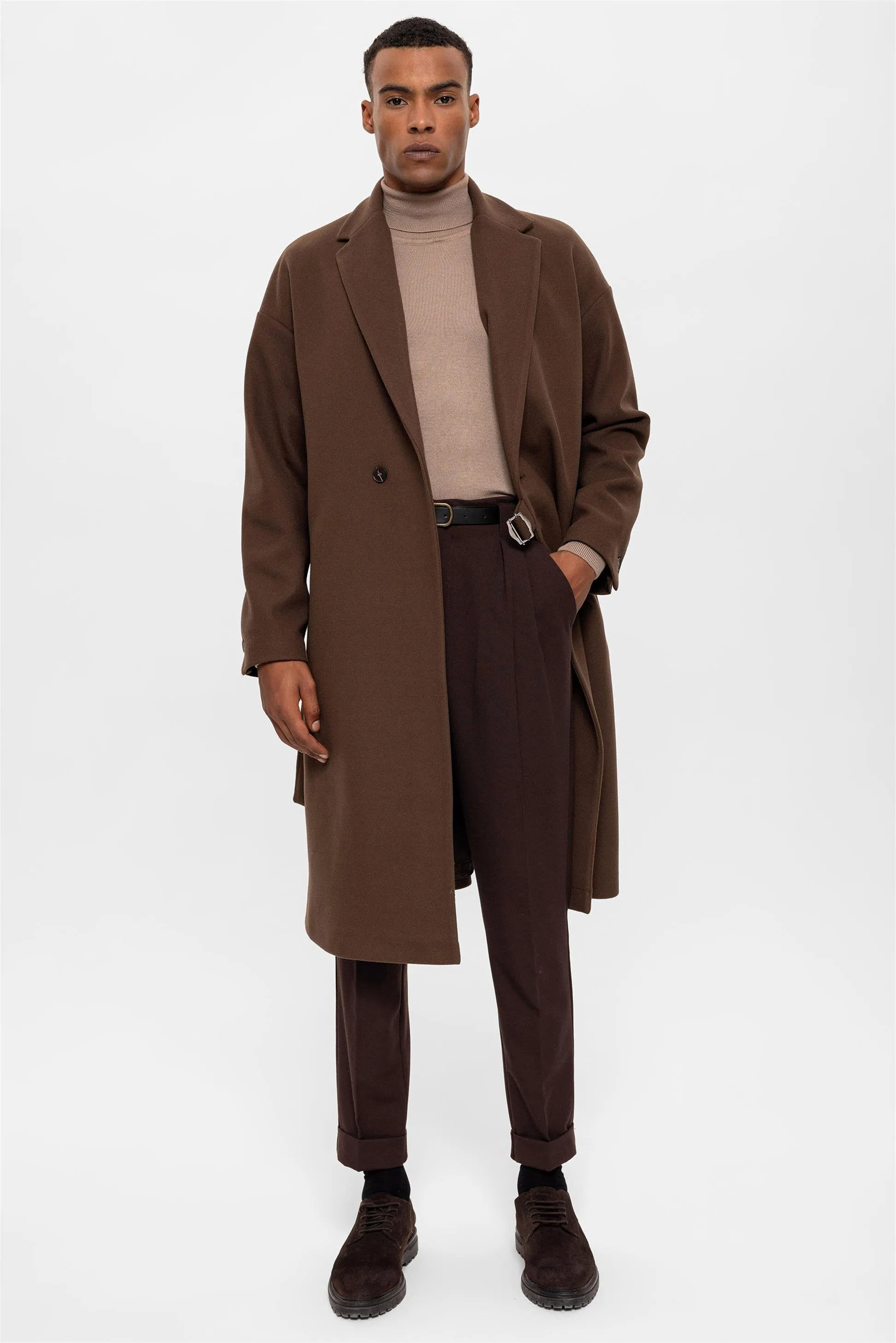 Brown Belted Oversize Men's Coat - Wessi