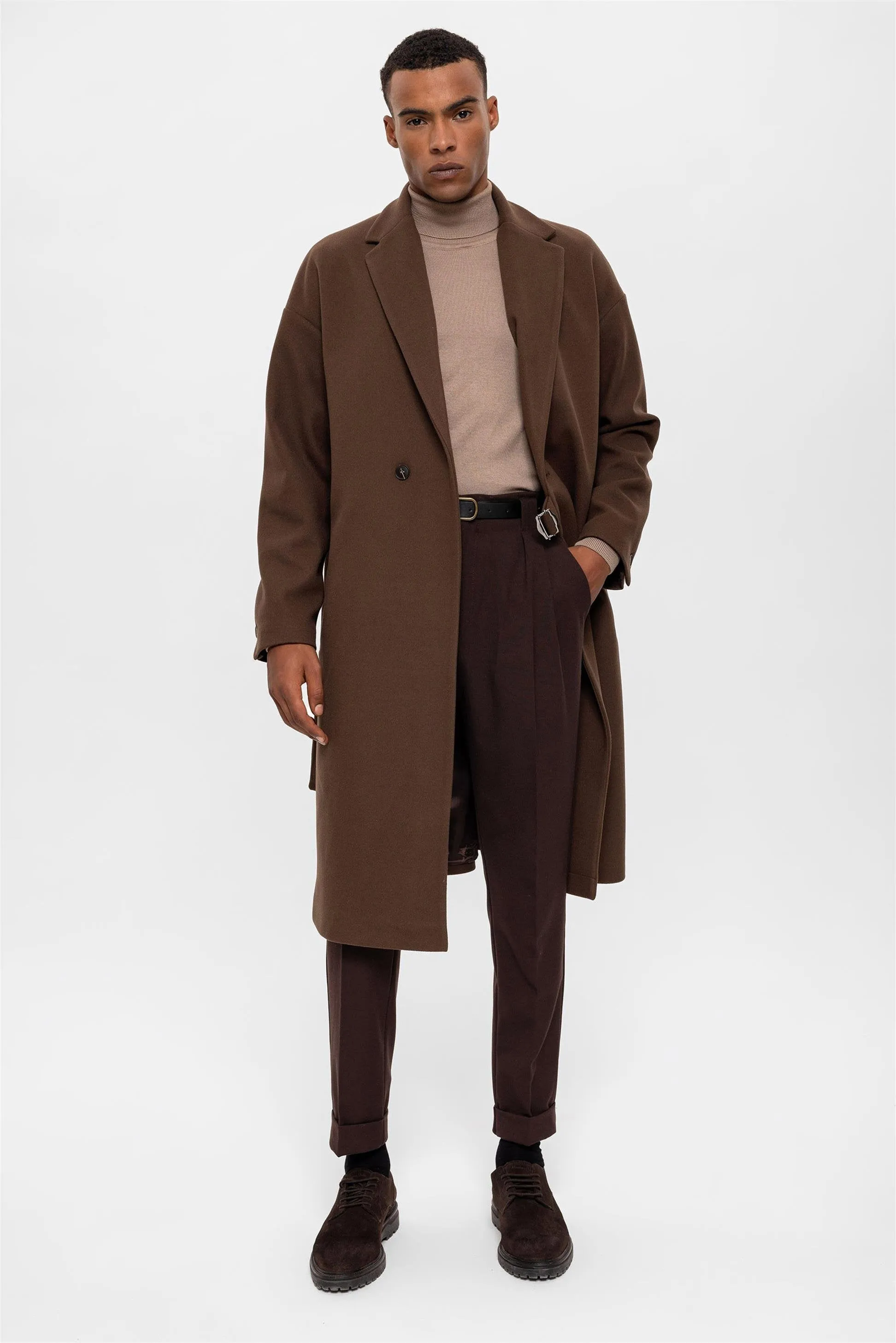 Brown Belted Oversize Men's Coat - Wessi