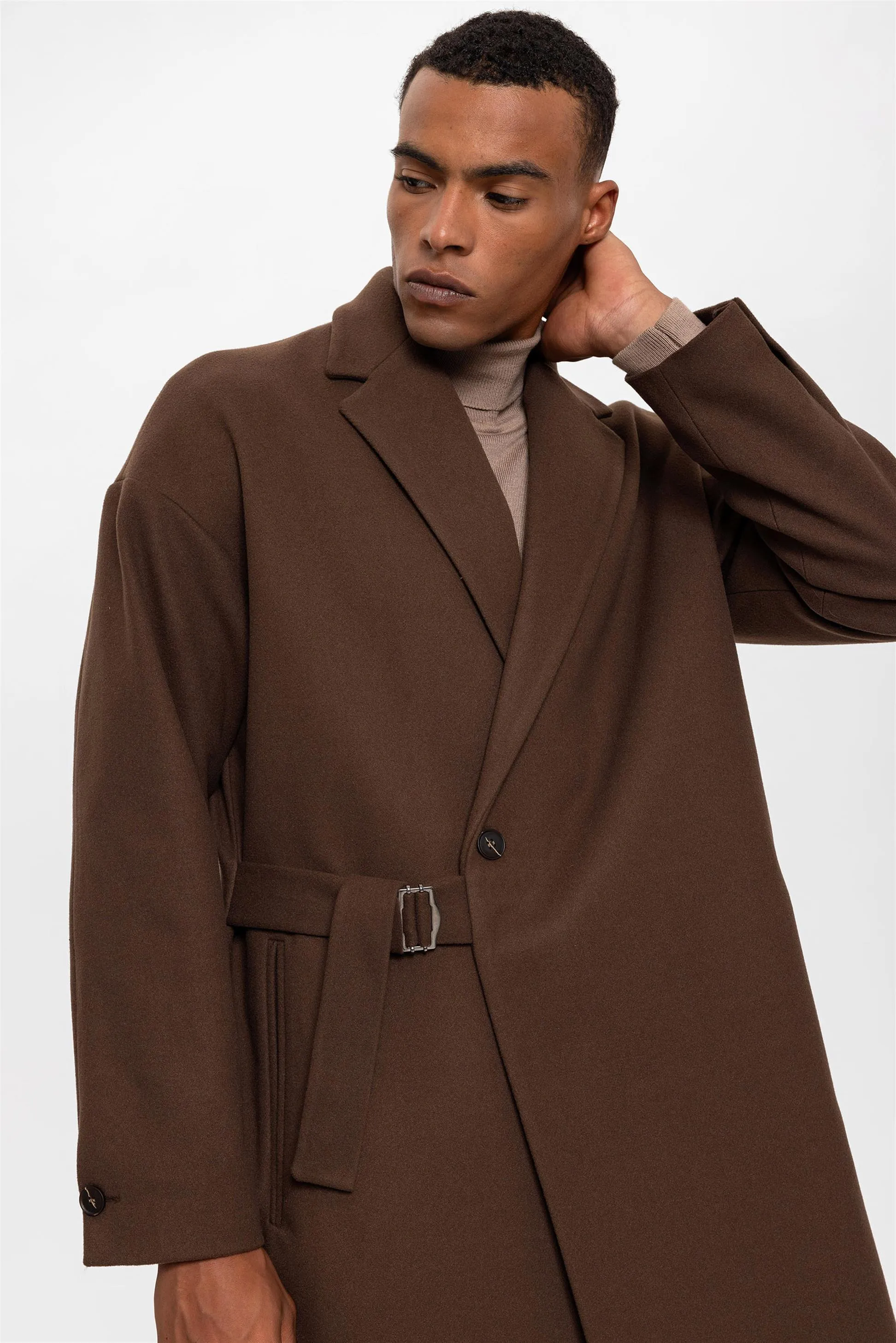 Brown Belted Oversize Men's Coat - Wessi