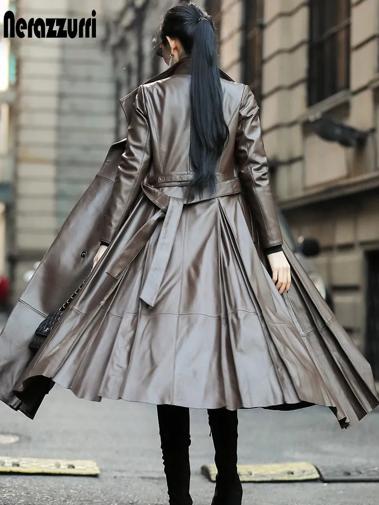 Brown Black Faux Leather Trench Coat with Belt Skirt