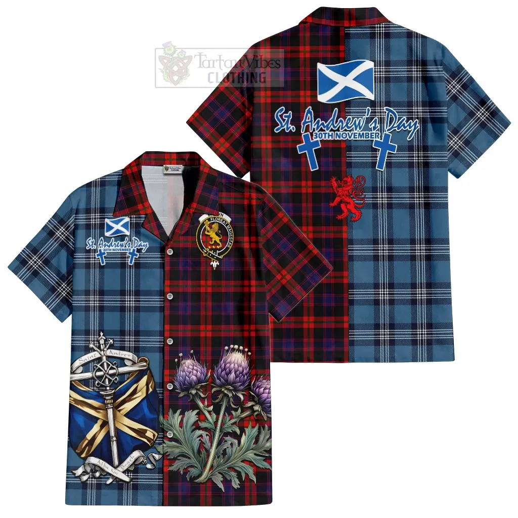 Brown (Broun) Tartan Short Sleeve Button Shirt Happy St. Andrew's Day Half Tartan Style