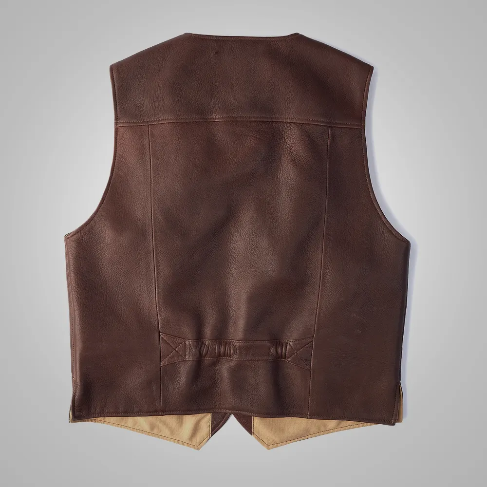 Brown Men Multi Pocket Style Buckskin Vest