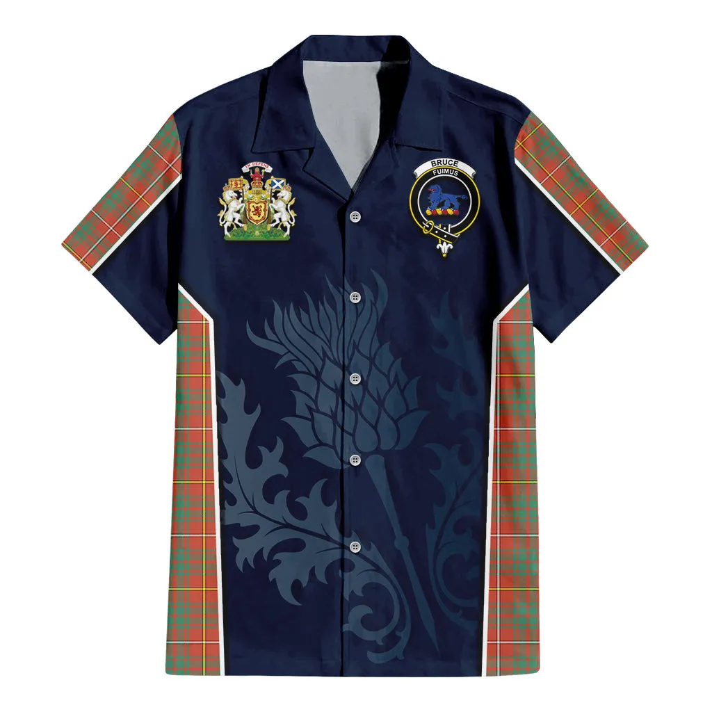 Bruce Ancient Tartan Short Sleeve Button Up Shirt with Family Crest and Scottish Thistle Vibes Sport Style