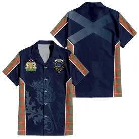 Bruce Ancient Tartan Short Sleeve Button Up Shirt with Family Crest and Scottish Thistle Vibes Sport Style