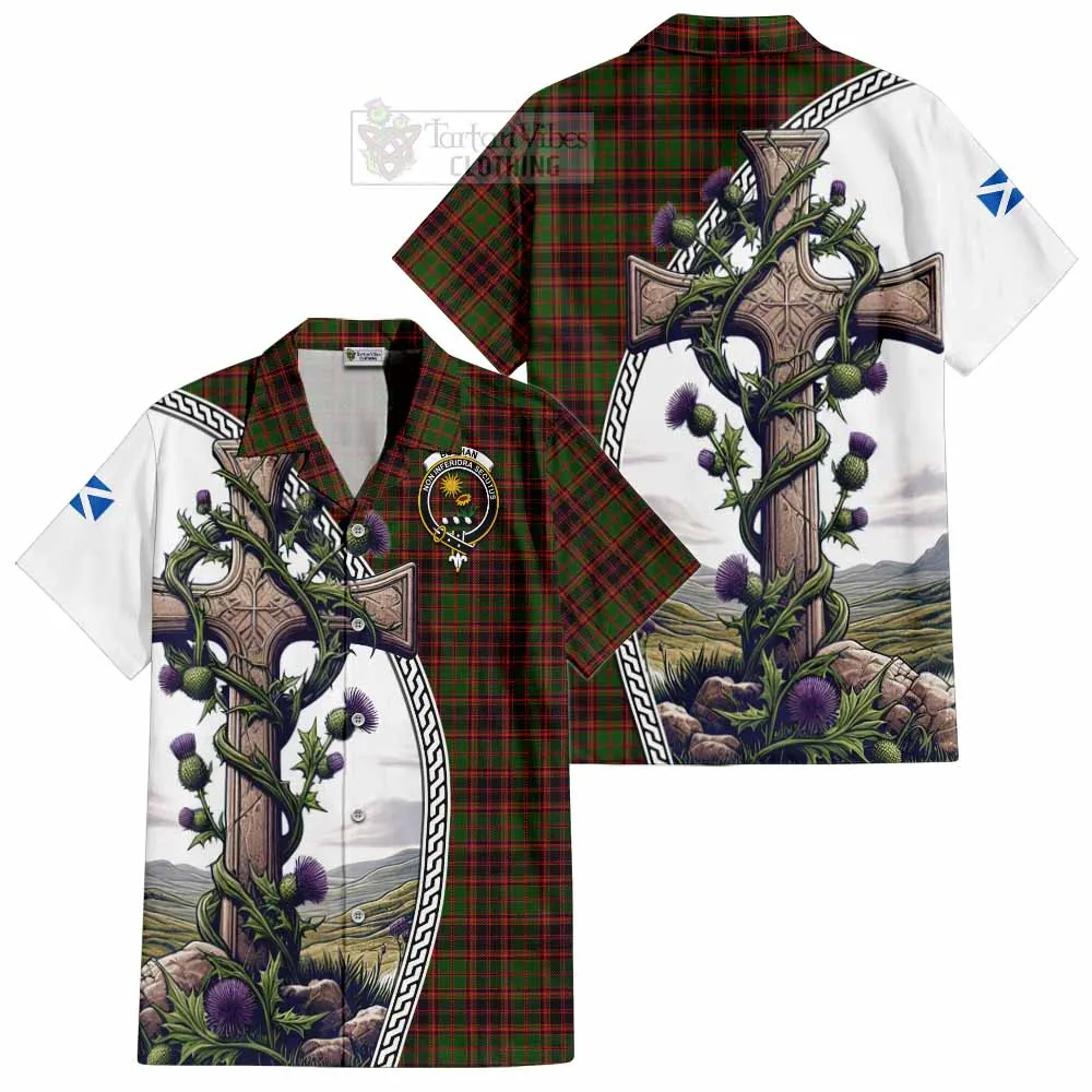 Buchan Tartan Short Sleeve Button Shirt with Family Crest and St. Andrew's Cross Accented by Thistle Vines