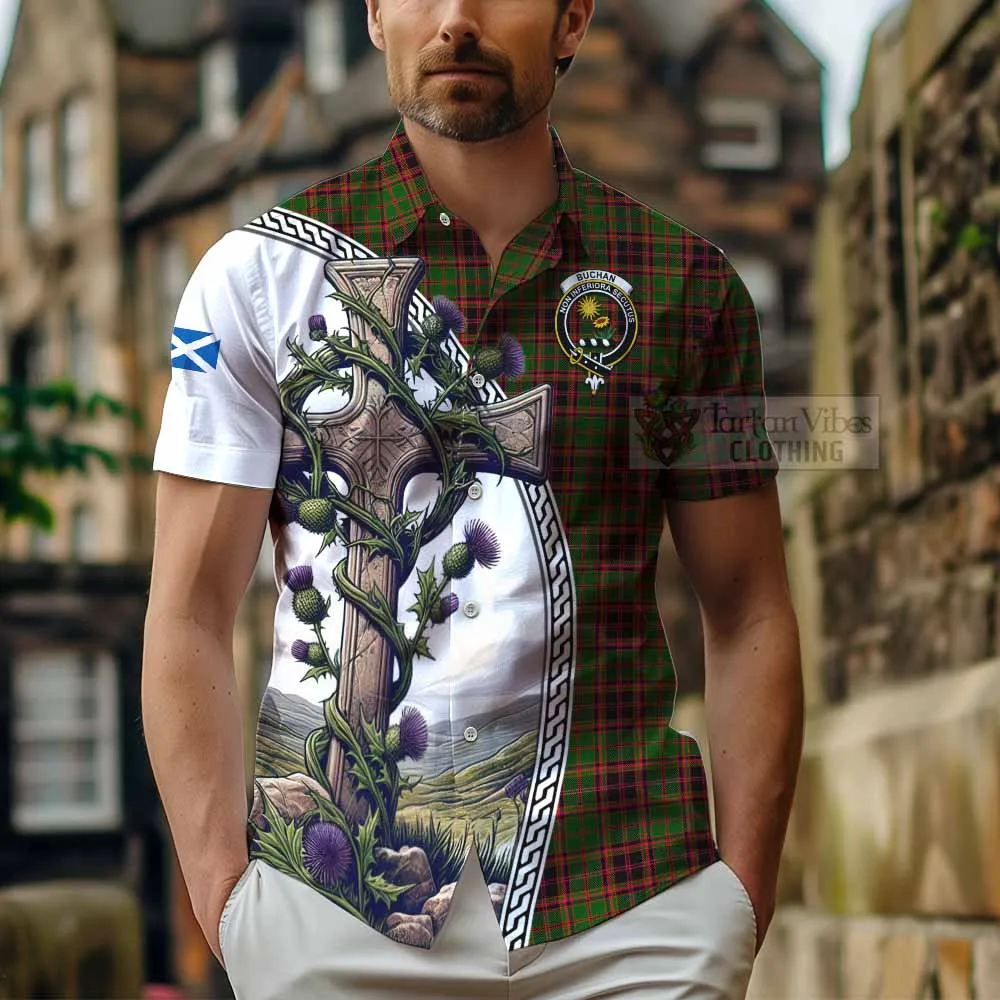 Buchan Tartan Short Sleeve Button Shirt with Family Crest and St. Andrew's Cross Accented by Thistle Vines