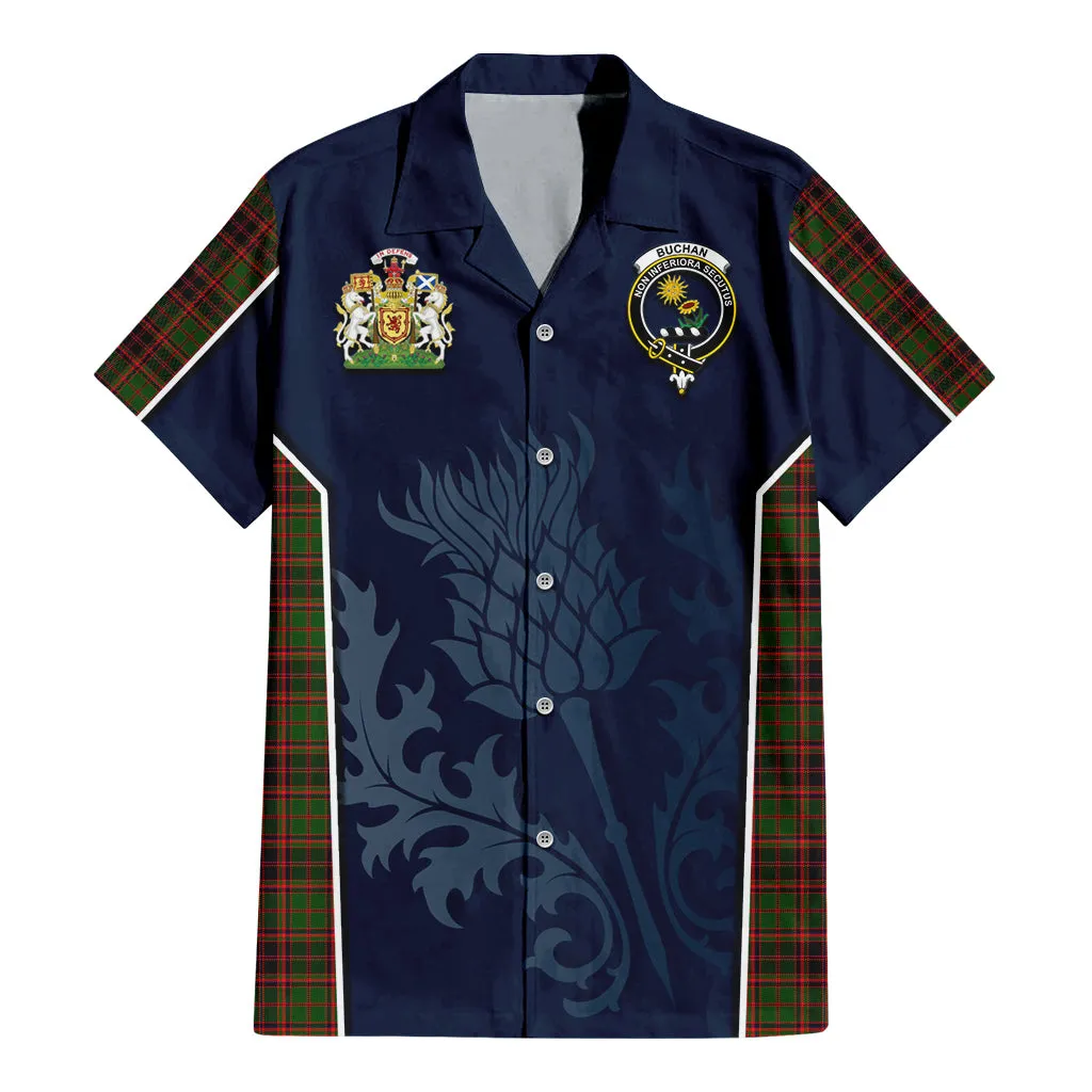 Buchan Tartan Short Sleeve Button Up Shirt with Family Crest and Scottish Thistle Vibes Sport Style