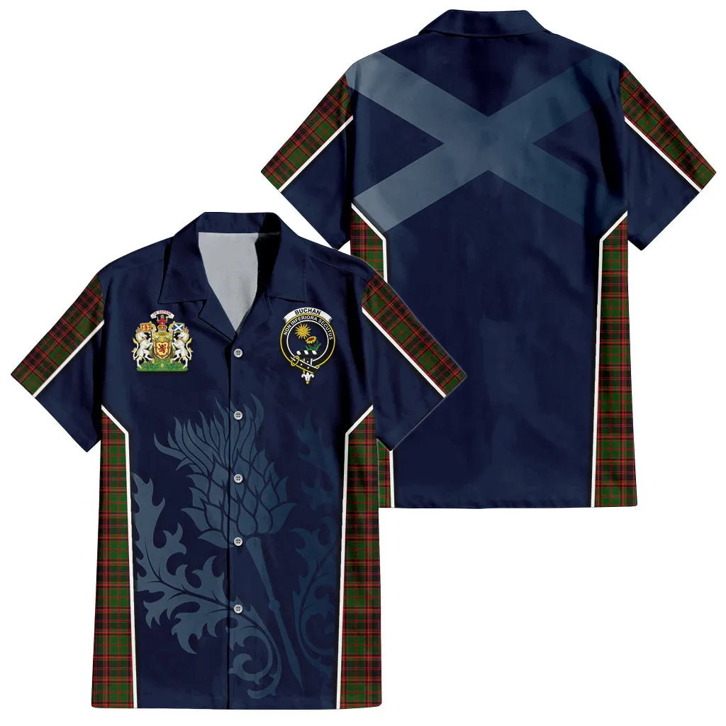 Buchan Tartan Short Sleeve Button Up Shirt with Family Crest and Scottish Thistle Vibes Sport Style