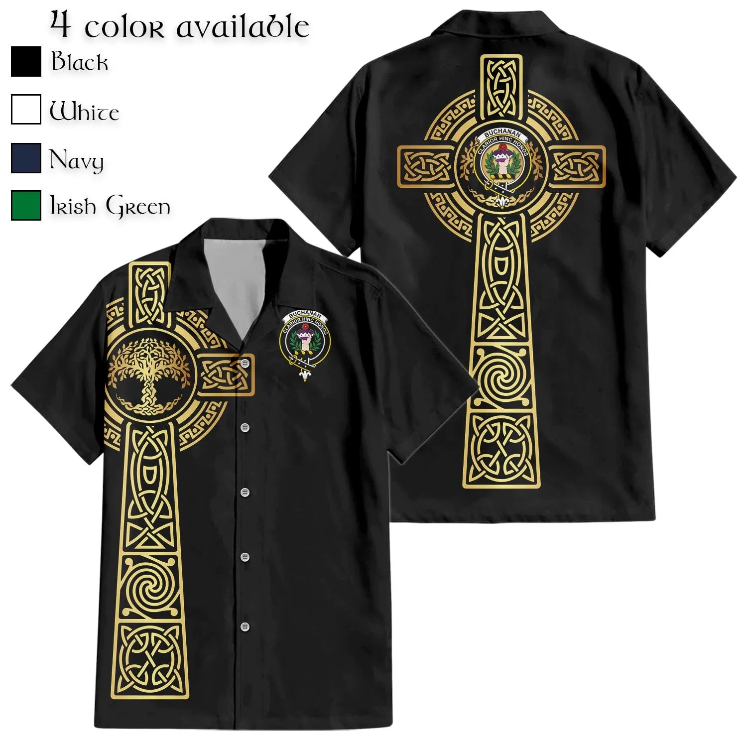 Buchanan Clan Mens Short Sleeve Button Up Shirt with Golden Celtic Tree Of Life