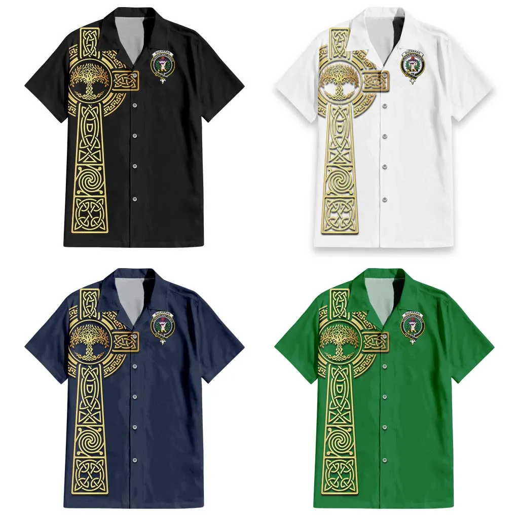 Buchanan Clan Mens Short Sleeve Button Up Shirt with Golden Celtic Tree Of Life