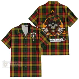 Buchanan Tartan Short Sleeve Button Shirt with Family Crest and Bearded Skull Holding Bottles of Whiskey