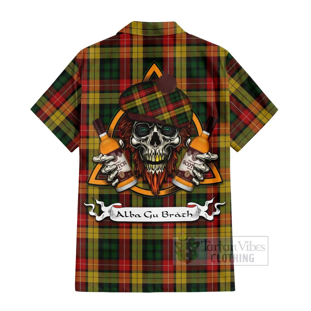 Buchanan Tartan Short Sleeve Button Shirt with Family Crest and Bearded Skull Holding Bottles of Whiskey