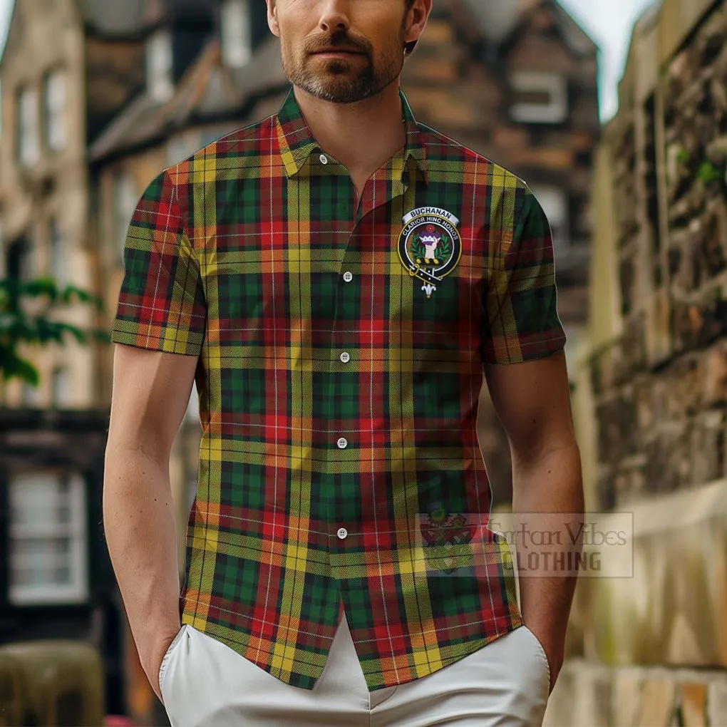 Buchanan Tartan Short Sleeve Button Shirt with Family Crest and Bearded Skull Holding Bottles of Whiskey