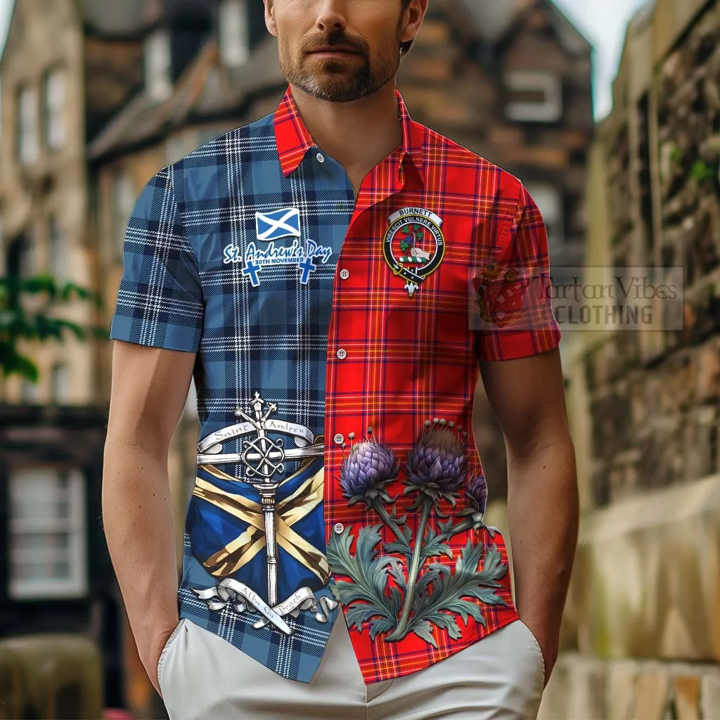 Burnett Tartan Short Sleeve Button Shirt Happy St. Andrew's Day Half Tartan Style