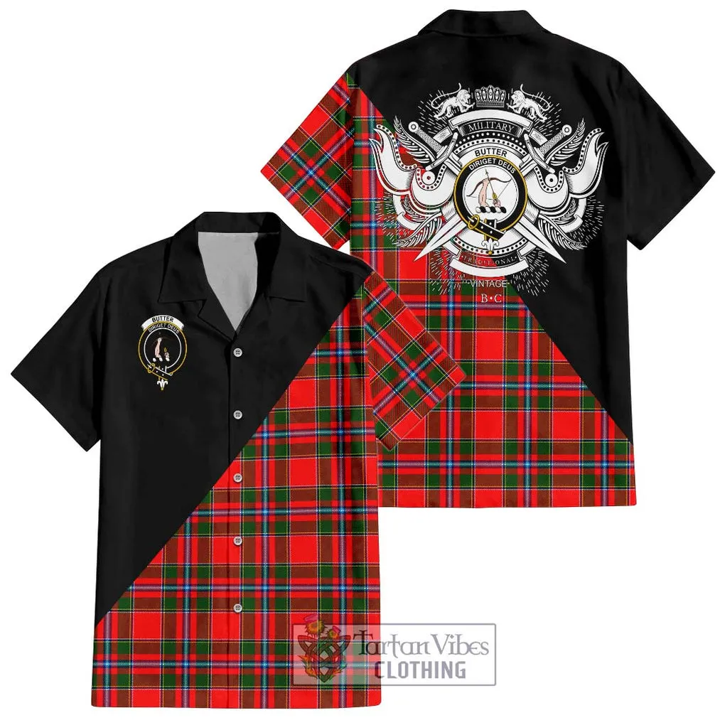 Butter Tartan Short Sleeve Button Shirt with Family Crest and Military Logo Style