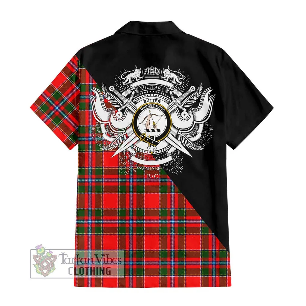 Butter Tartan Short Sleeve Button Shirt with Family Crest and Military Logo Style