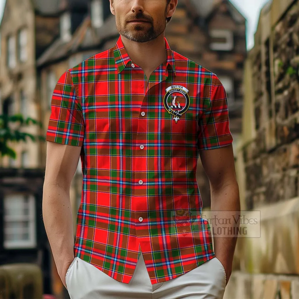 Butter Tartan Short Sleeve Button Shirt with Family Crest Celtic Skull Style