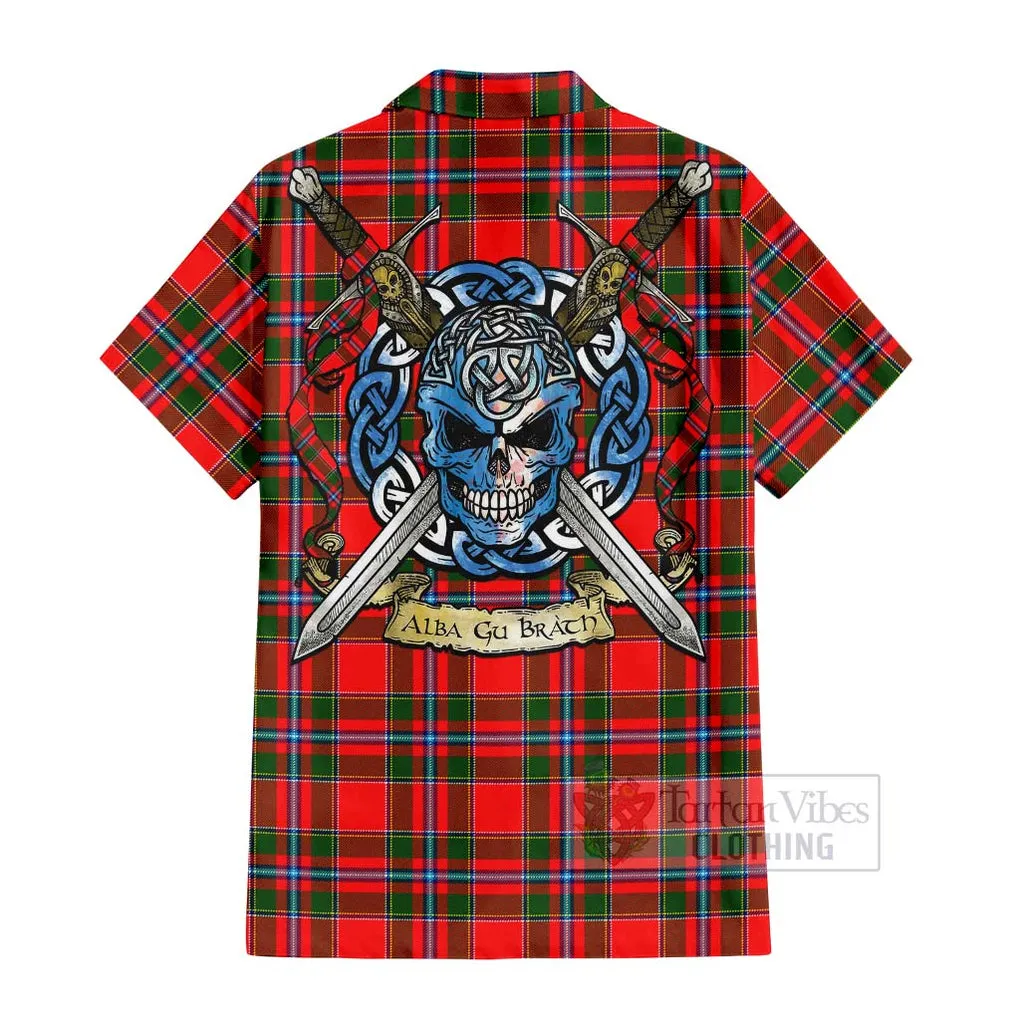 Butter Tartan Short Sleeve Button Shirt with Family Crest Celtic Skull Style