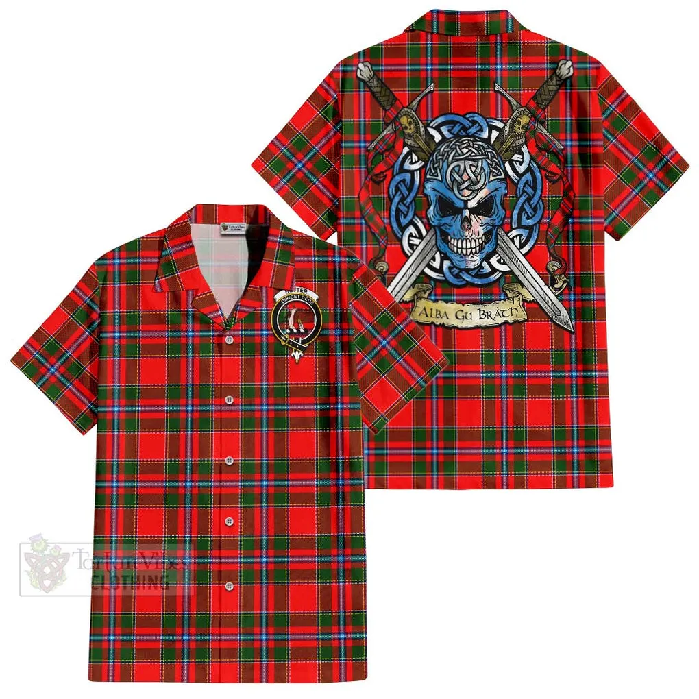 Butter Tartan Short Sleeve Button Shirt with Family Crest Celtic Skull Style