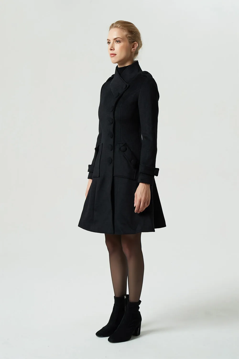 buttoned black wool coat for women 1957