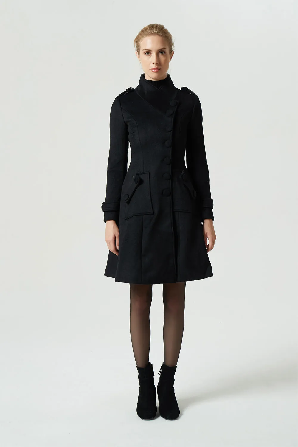 buttoned black wool coat for women 1957