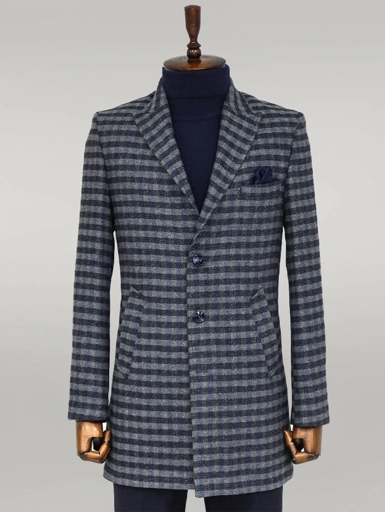 Cachet Plaid Wide Lapel Slim Fit Navy Blue Men Coat - Wessi