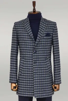 Cachet Plaid Wide Lapel Slim Fit Navy Blue Men Coat - Wessi