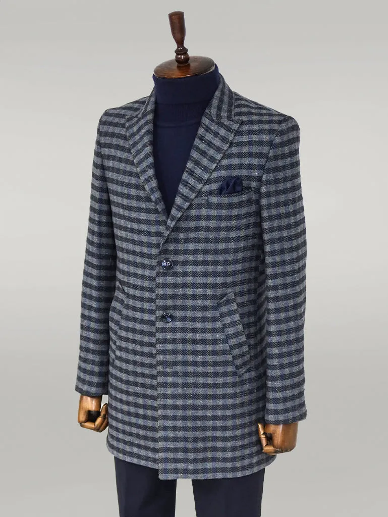 Cachet Plaid Wide Lapel Slim Fit Navy Blue Men Coat - Wessi