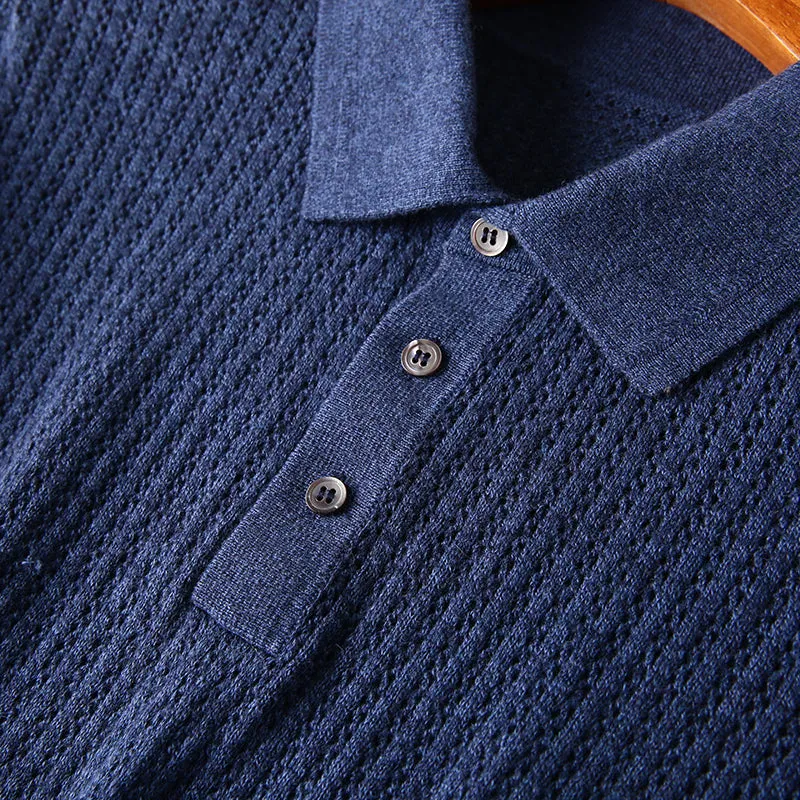 Cashmere   cotton! Italian single men's thin hollowed-out knitted short-sleeved Polo shirt summer