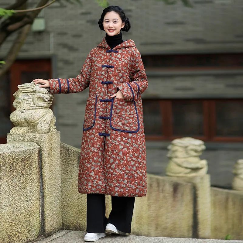 Casual floral hooded winter long women's cotton coat