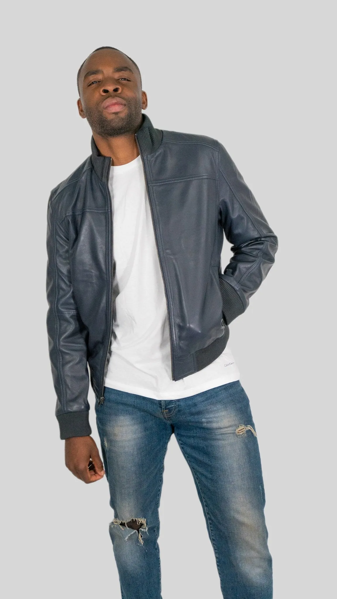 Ceduna Mens Leather Bomber Jacket Spring Blue