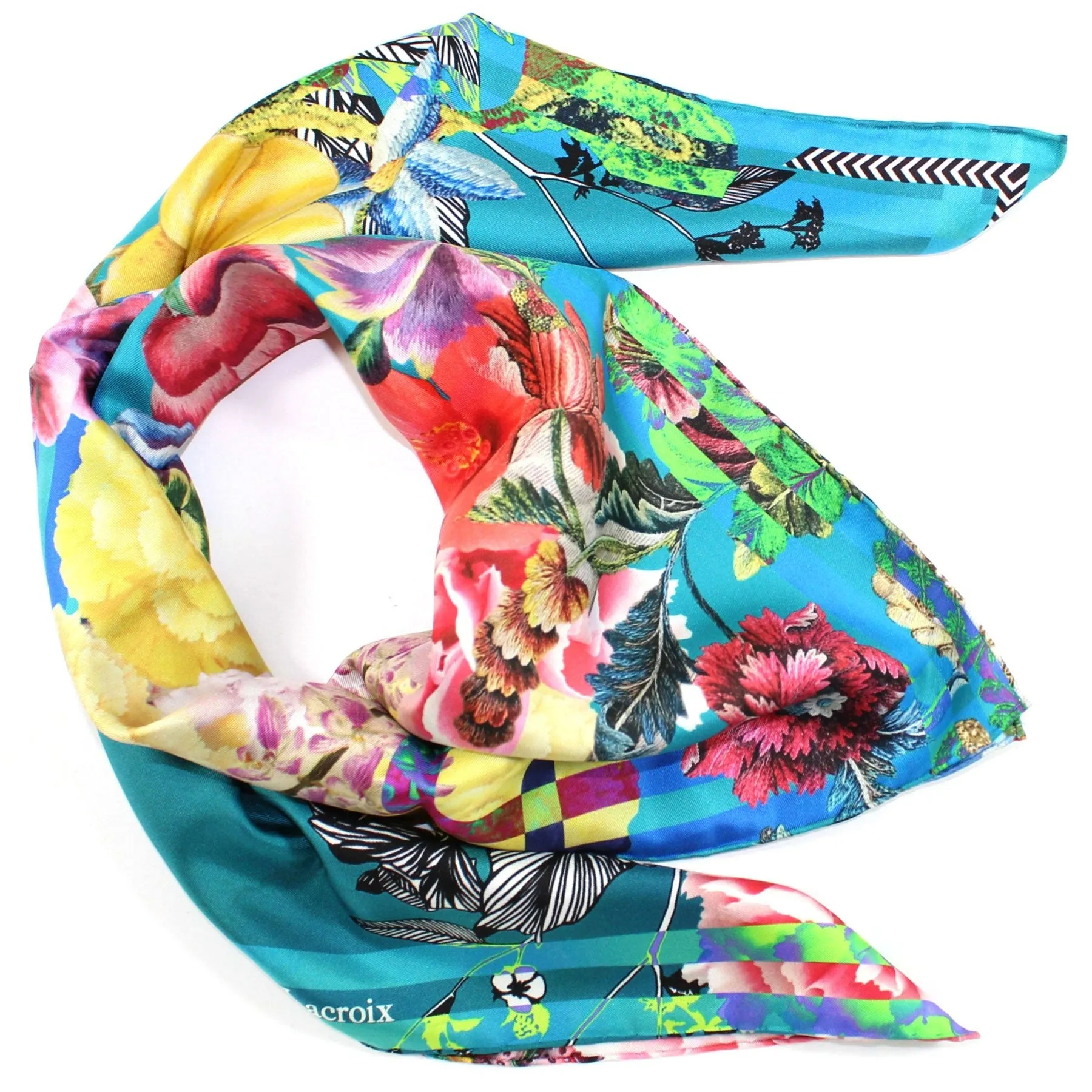 Christian Lacroix Scarf Teal Floral Design - Silk Square Foulard