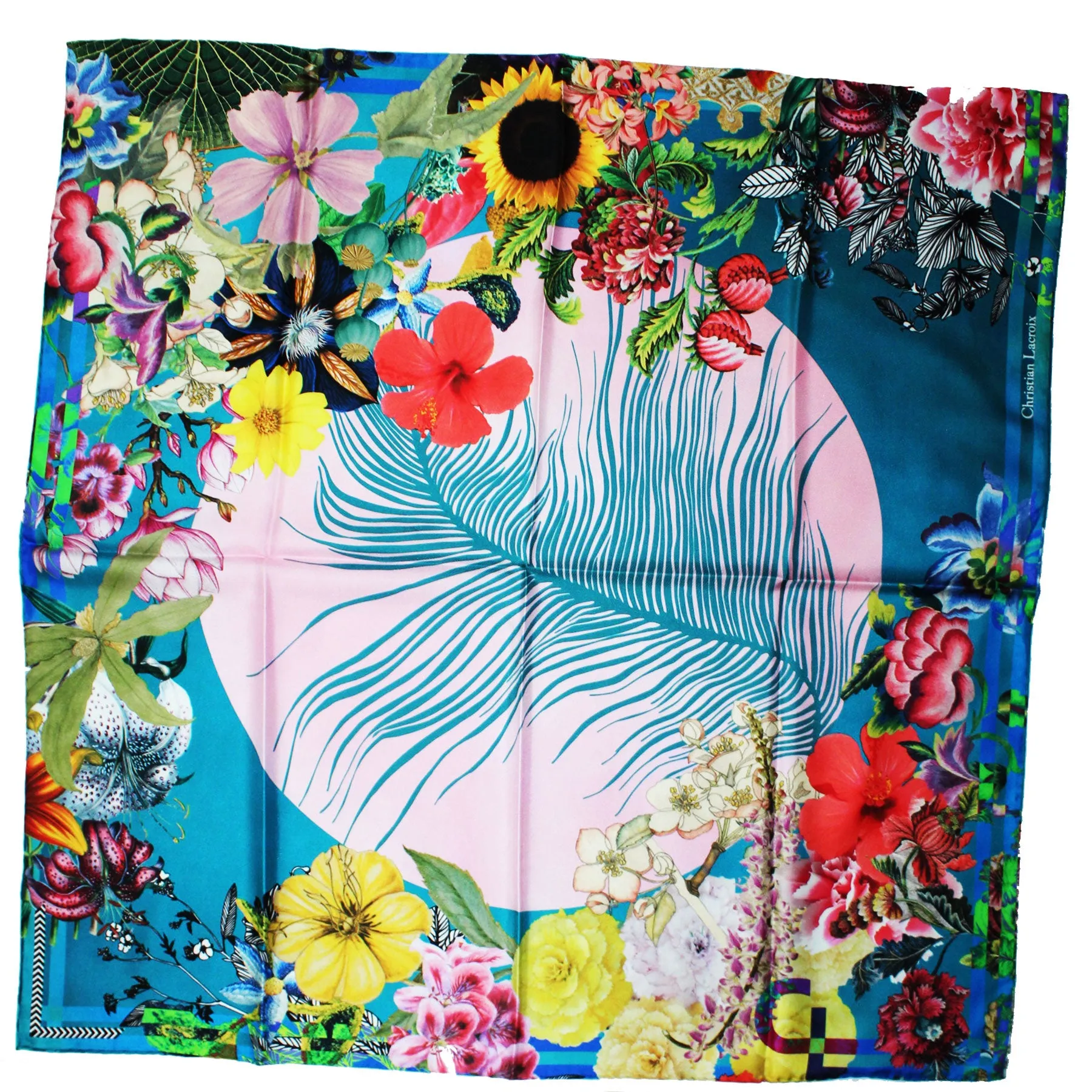 Christian Lacroix Scarf Teal Floral Design - Silk Square Foulard