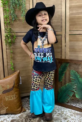 COWBOY TAKE ME AWAY Leopard & turquoise printed girl 2pcs set 1119WY