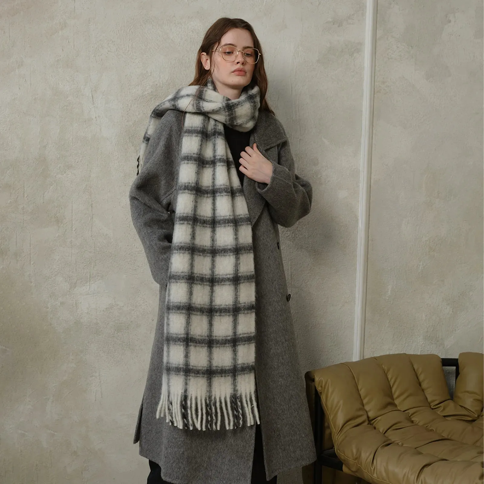 Design 20% Wool Plaid Scarf Women Autumn Winter Soft Simple Pink Scarf