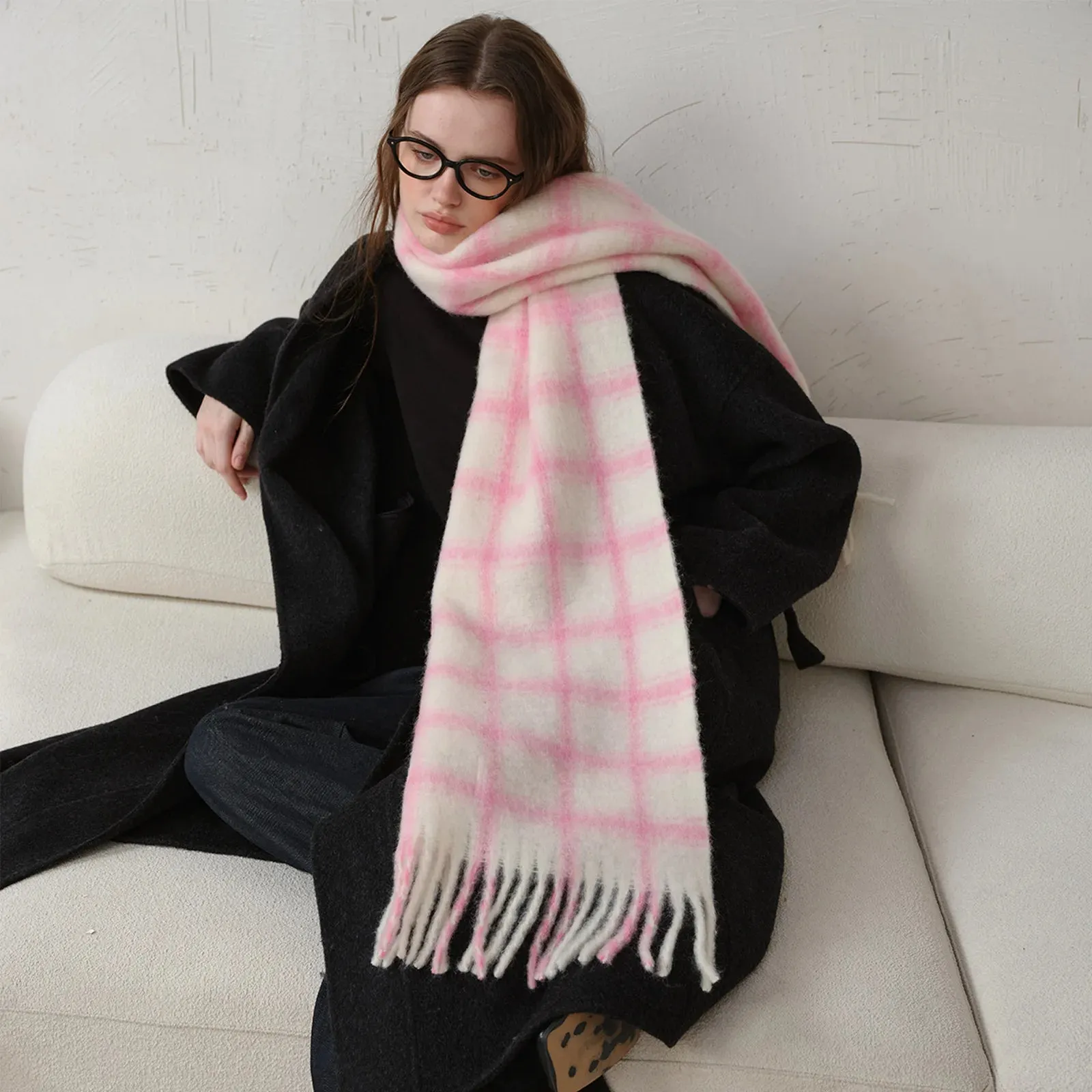 Design 20% Wool Plaid Scarf Women Autumn Winter Soft Simple Pink Scarf