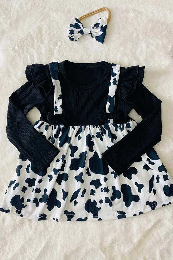 DLH2812 Wholesale fall clothing Knitted black cow print long sleeve girls top with headband